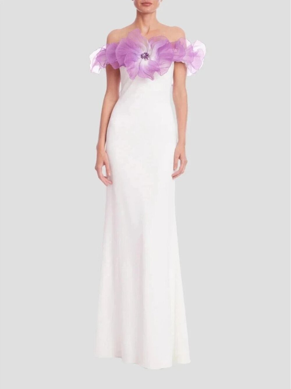 Badgley Mischka Ivory Lavender Flower Off Shoulder Gown